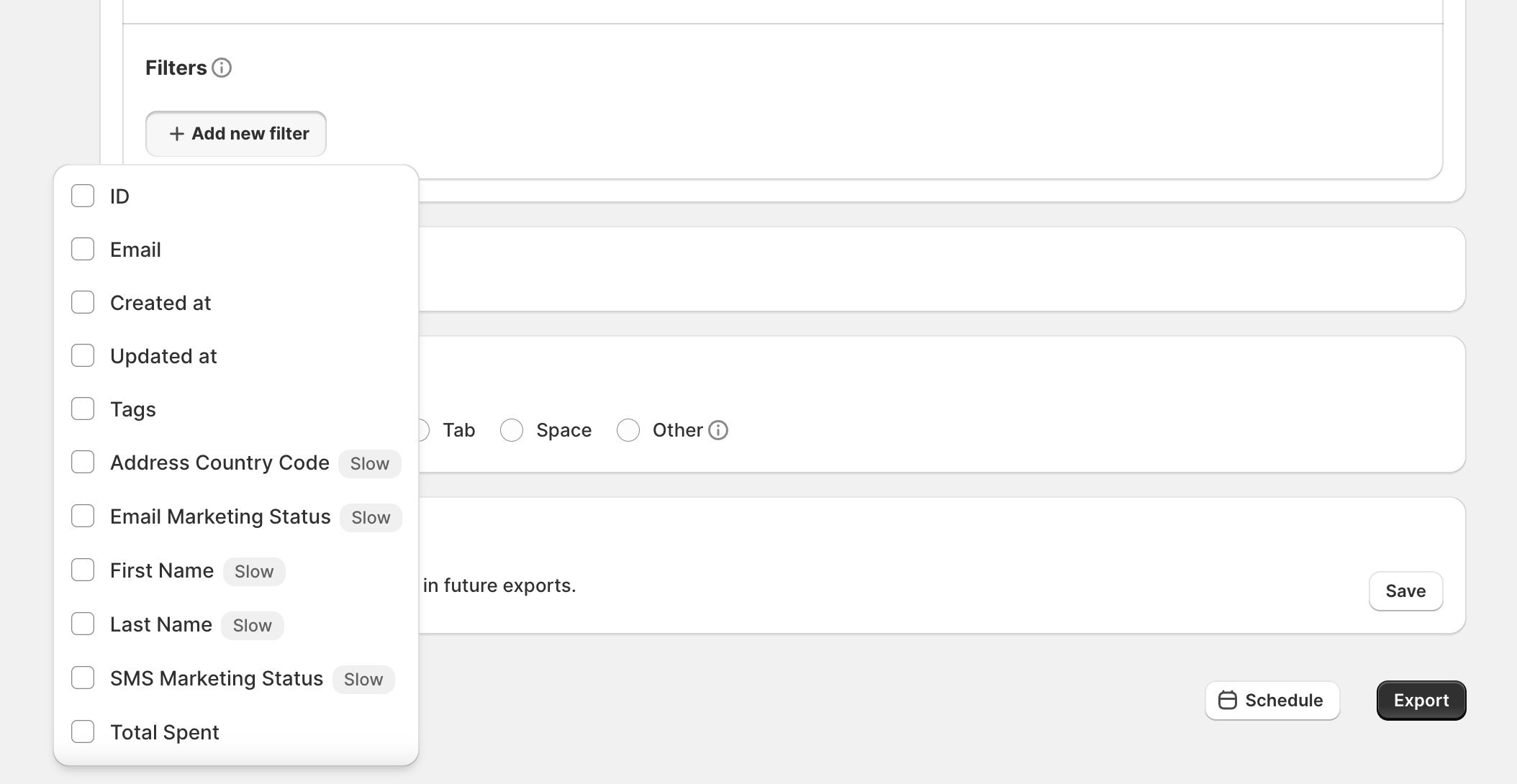 Add filters for exporting customers in Shopify