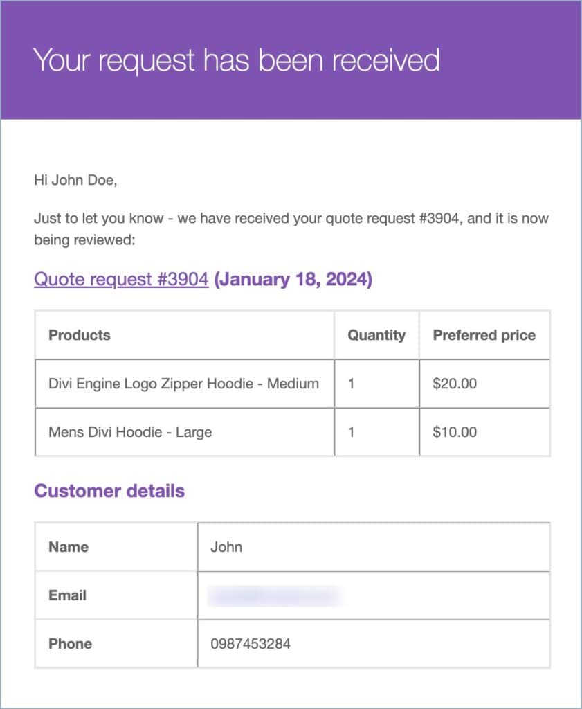 Email send to the customer upon placing a new quote request
