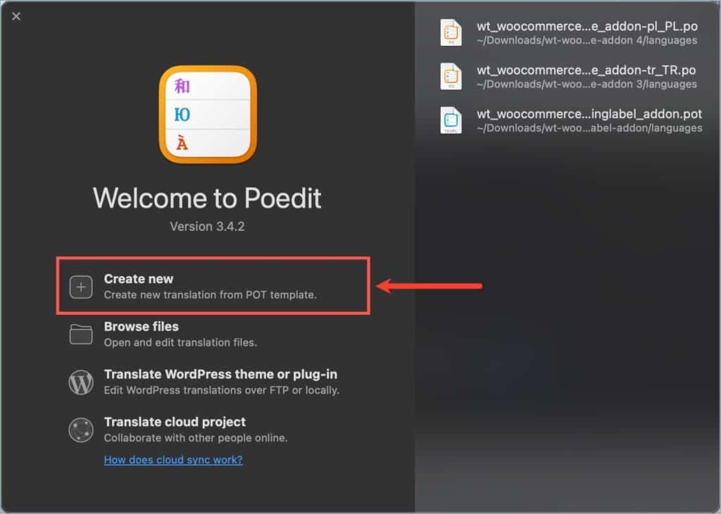 Poedit Welcome screen