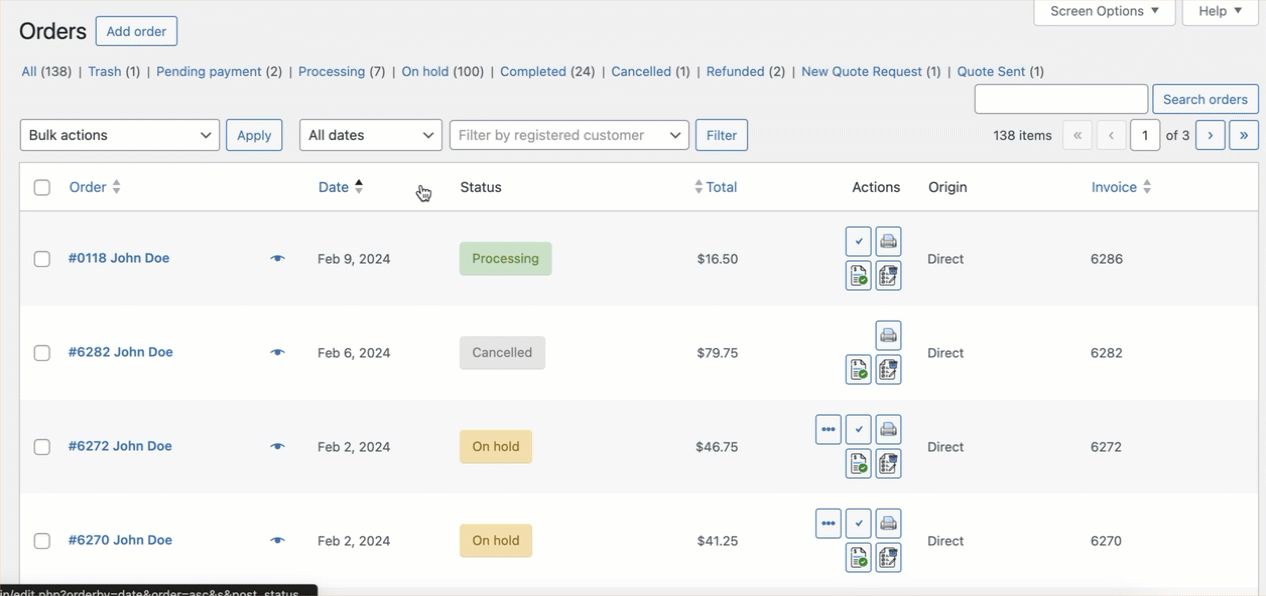 Filtering the orders listing page