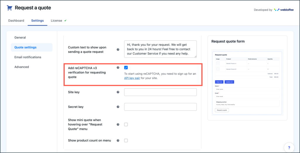 Option to add reCAPTCHA to the quote submission page