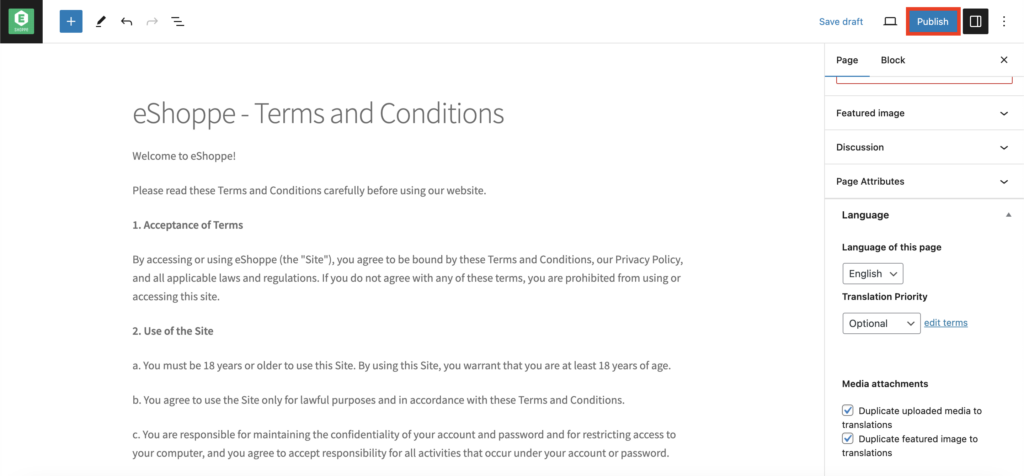 Terms and conditions page