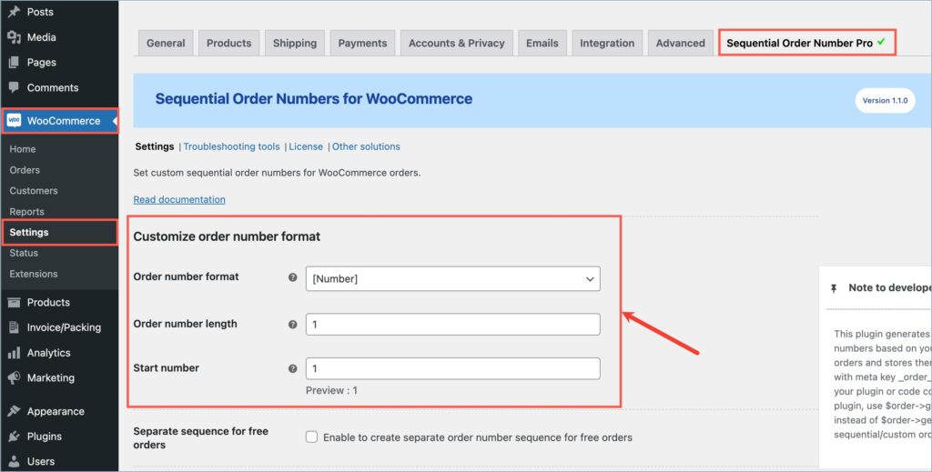 Customizing the order number format