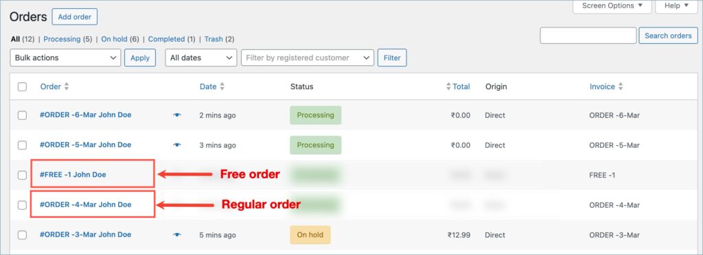 WooCommerce orders listing page showing the order number for a free order and a regular order
