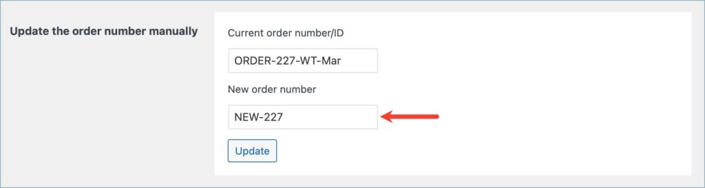 Text field to input the new order number