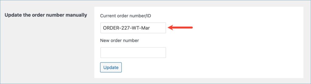 Text field to input the existing order number