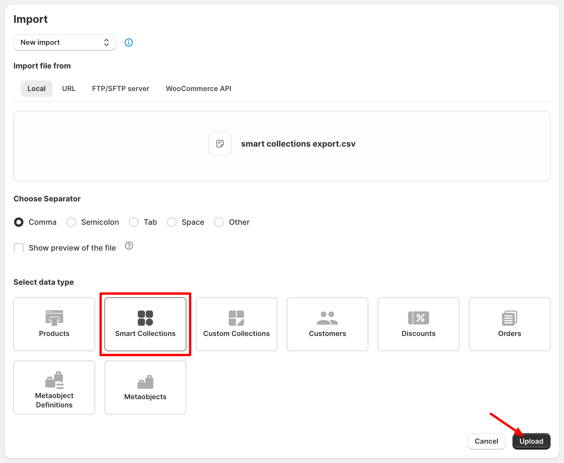 Upload shopify collections data