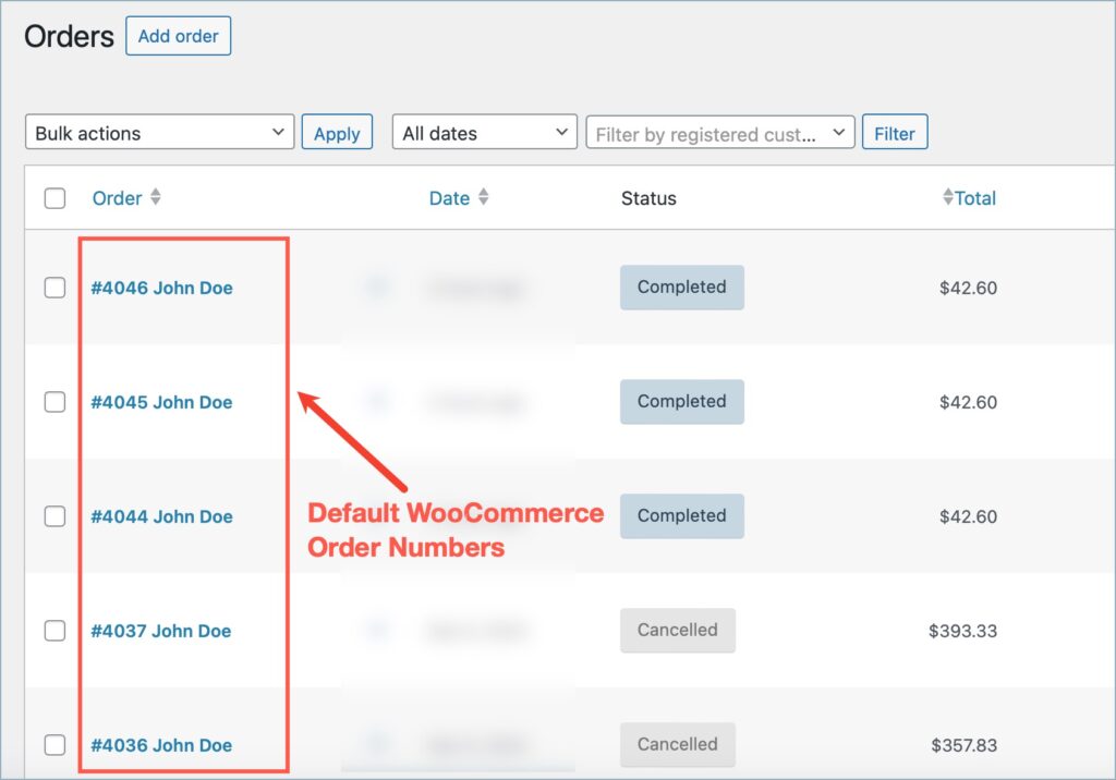 Orders listing page highlighting the default WooCommerce order numbers