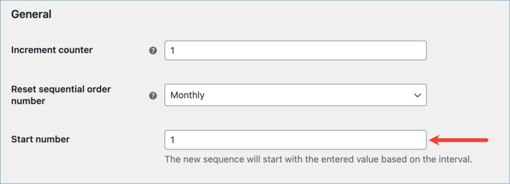 Field to input a starting number for the new order number sequence