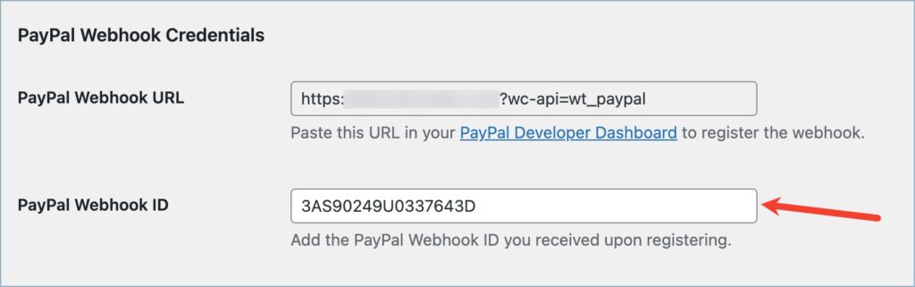 Inputting the PayPal Webhook ID