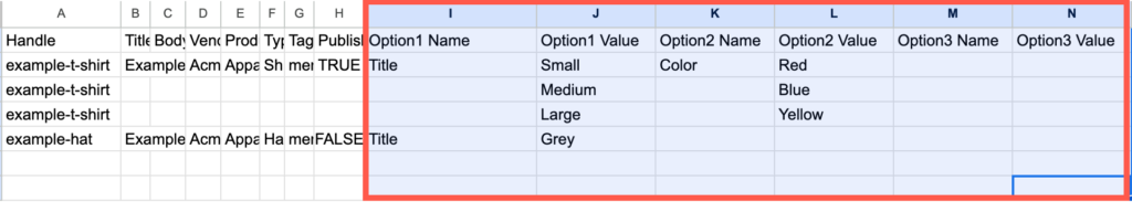 Setting up options in sample CSV file