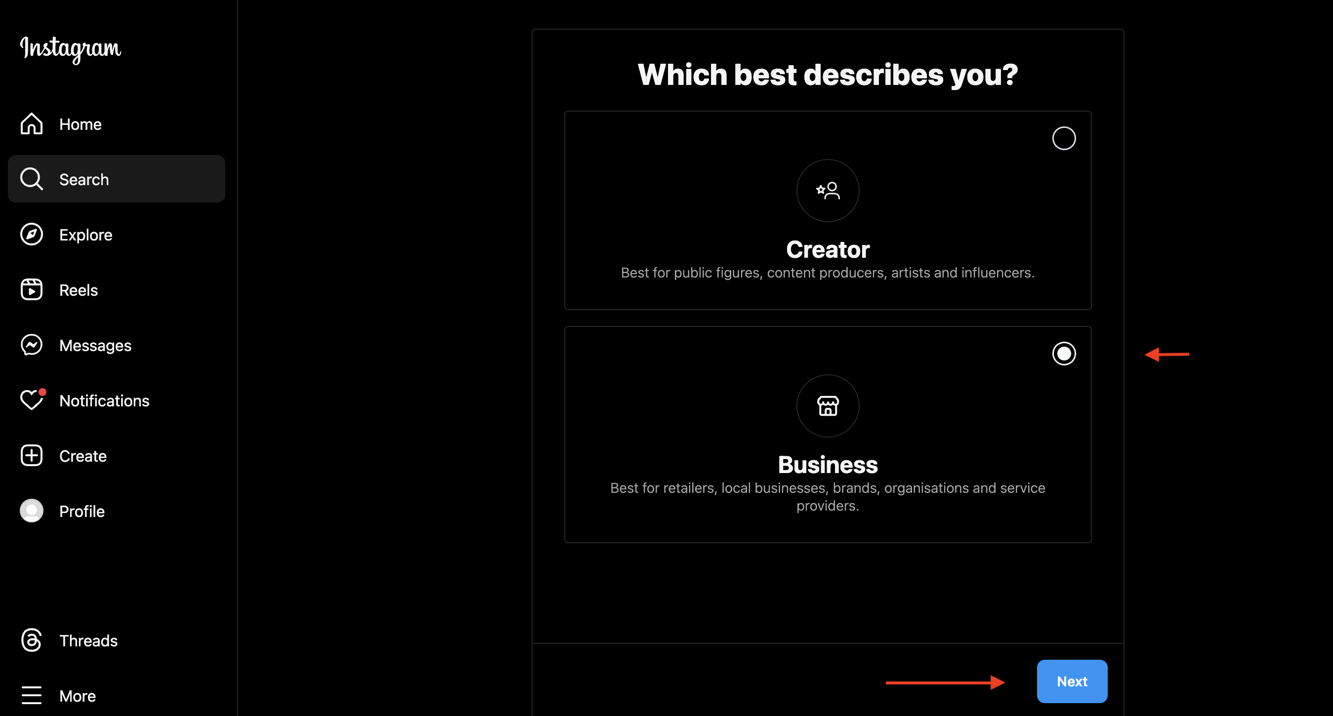 Screenshot of Instagram business account creation process