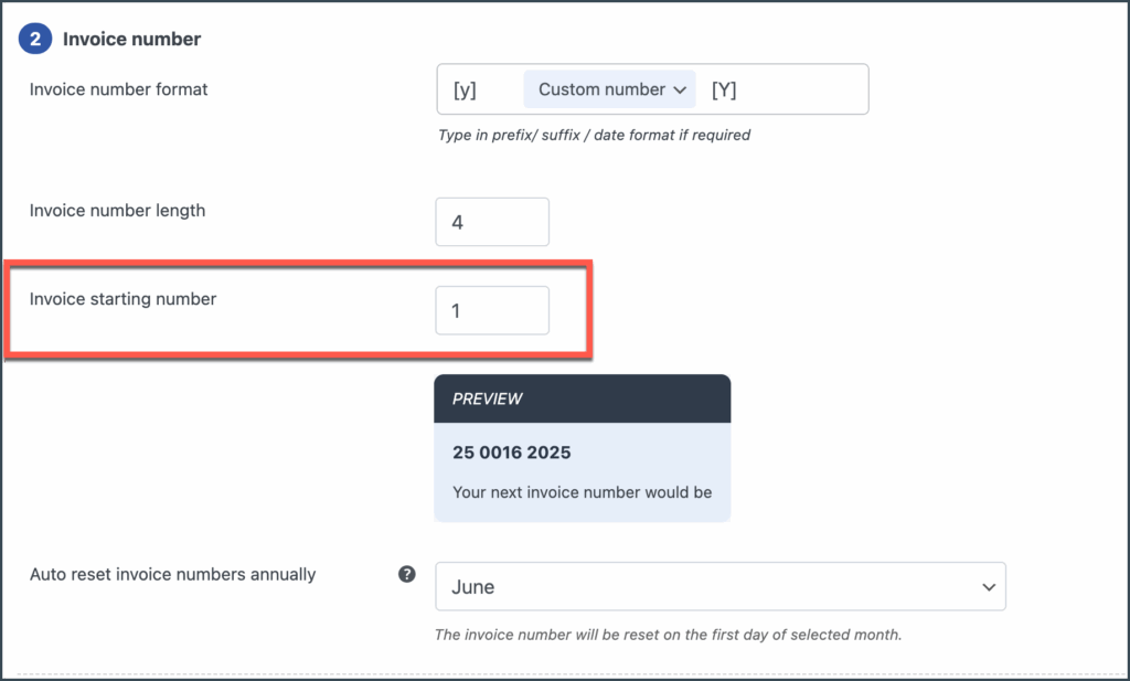 Starting number for invoices