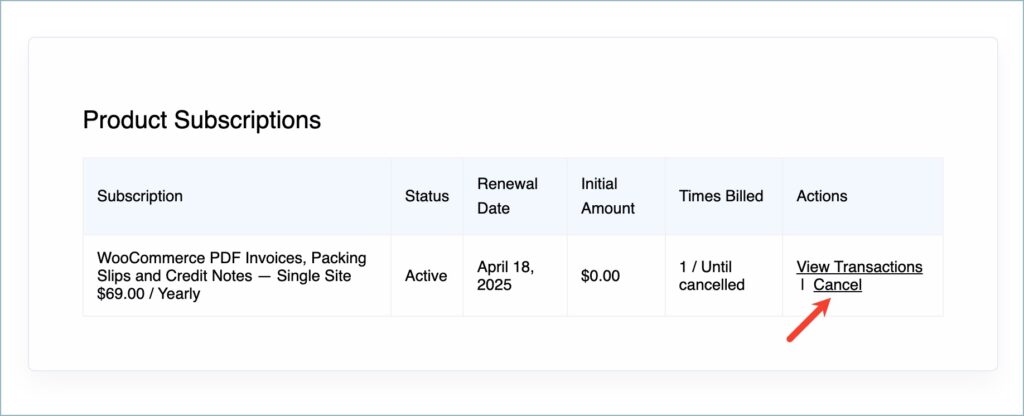 Hyperlink to cancel a plugin subscription