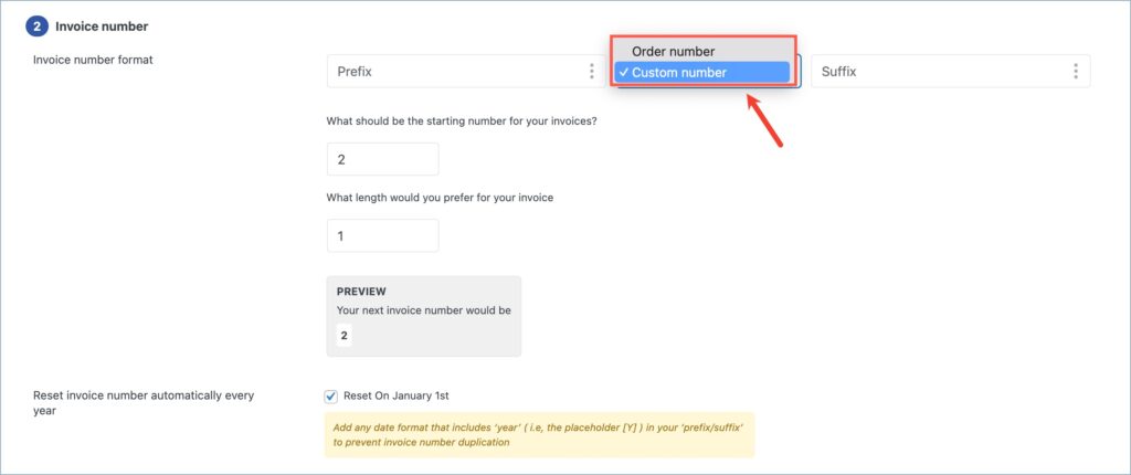 Selecting custom numbers as invoice number