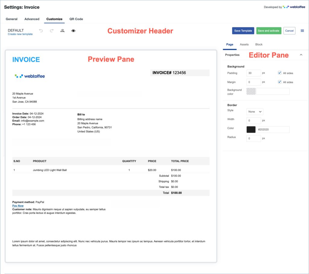 WooCommerce invoice dynamic customizer (click to expand)