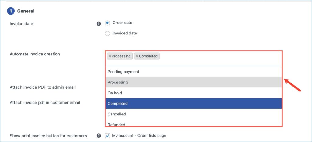 Dropdown to select order statuses