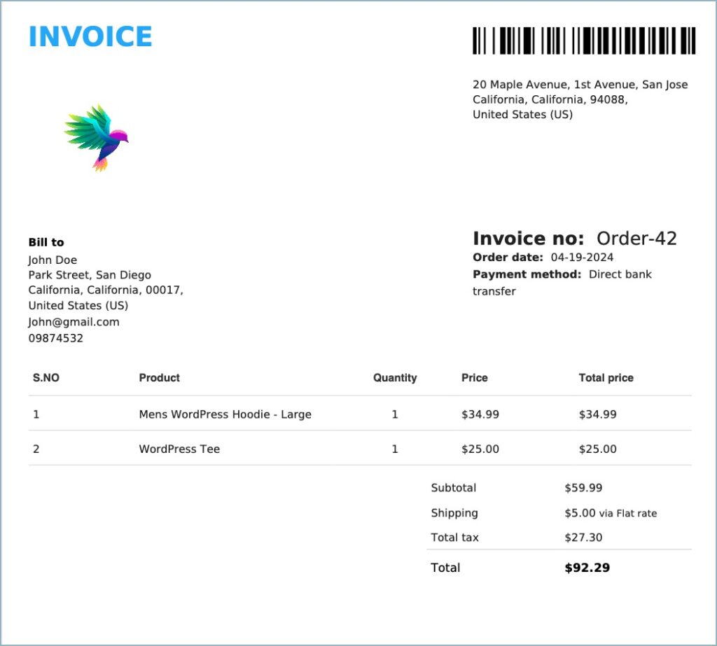 Sample Invoice with barcode