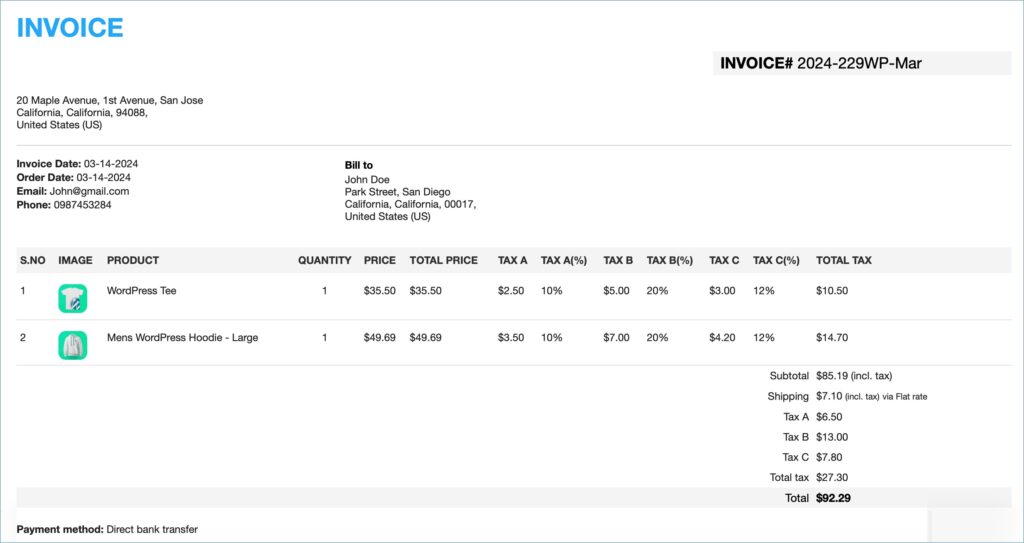 Sample invoice with tax column