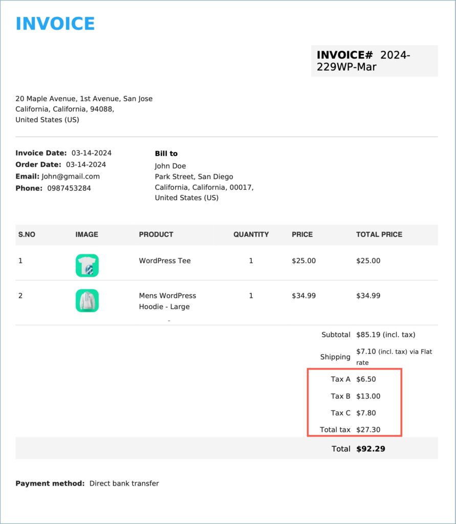 Sample invoice with tax added to the summary table