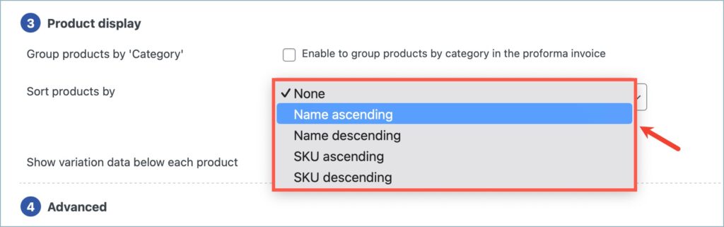 Dropdown to select the sorting criteria