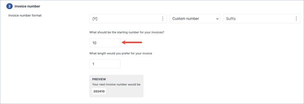 Specifying a starting number for invoices