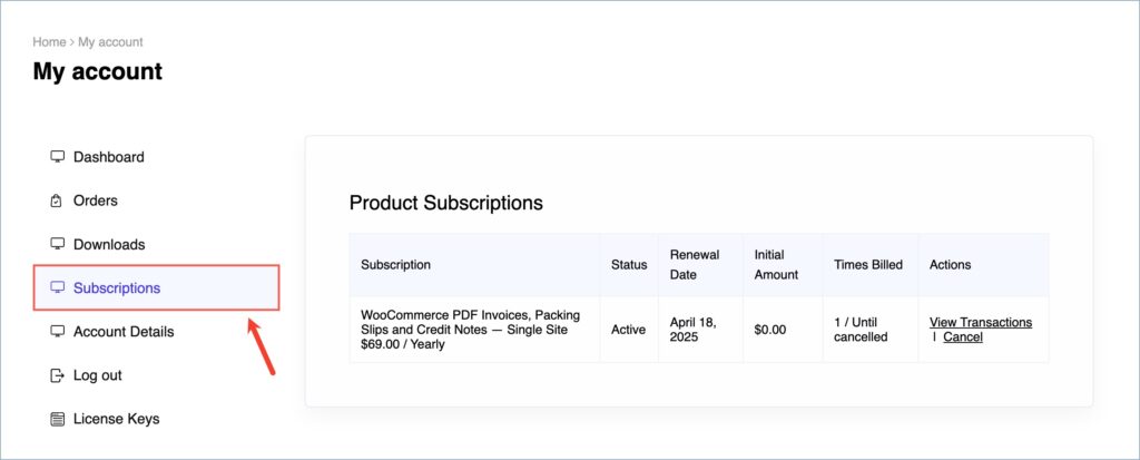 Subscriptions menu
