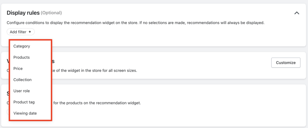 Choose display rules for the recommendations