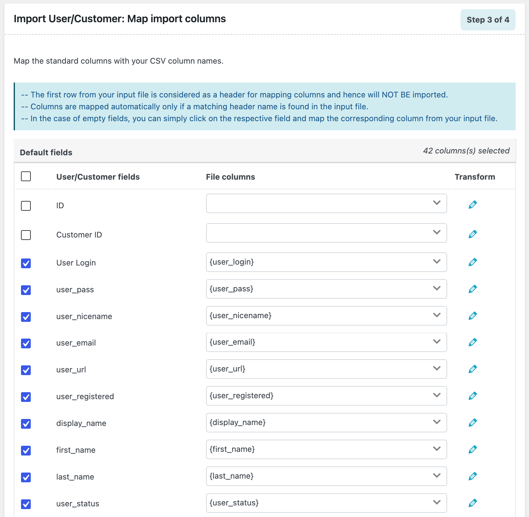Mapping import columns of user fields