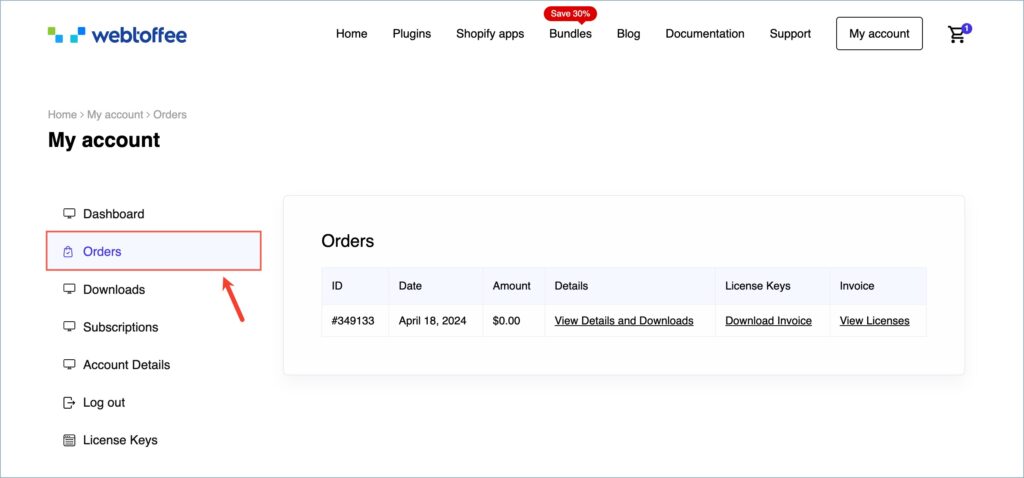 My account orders menu