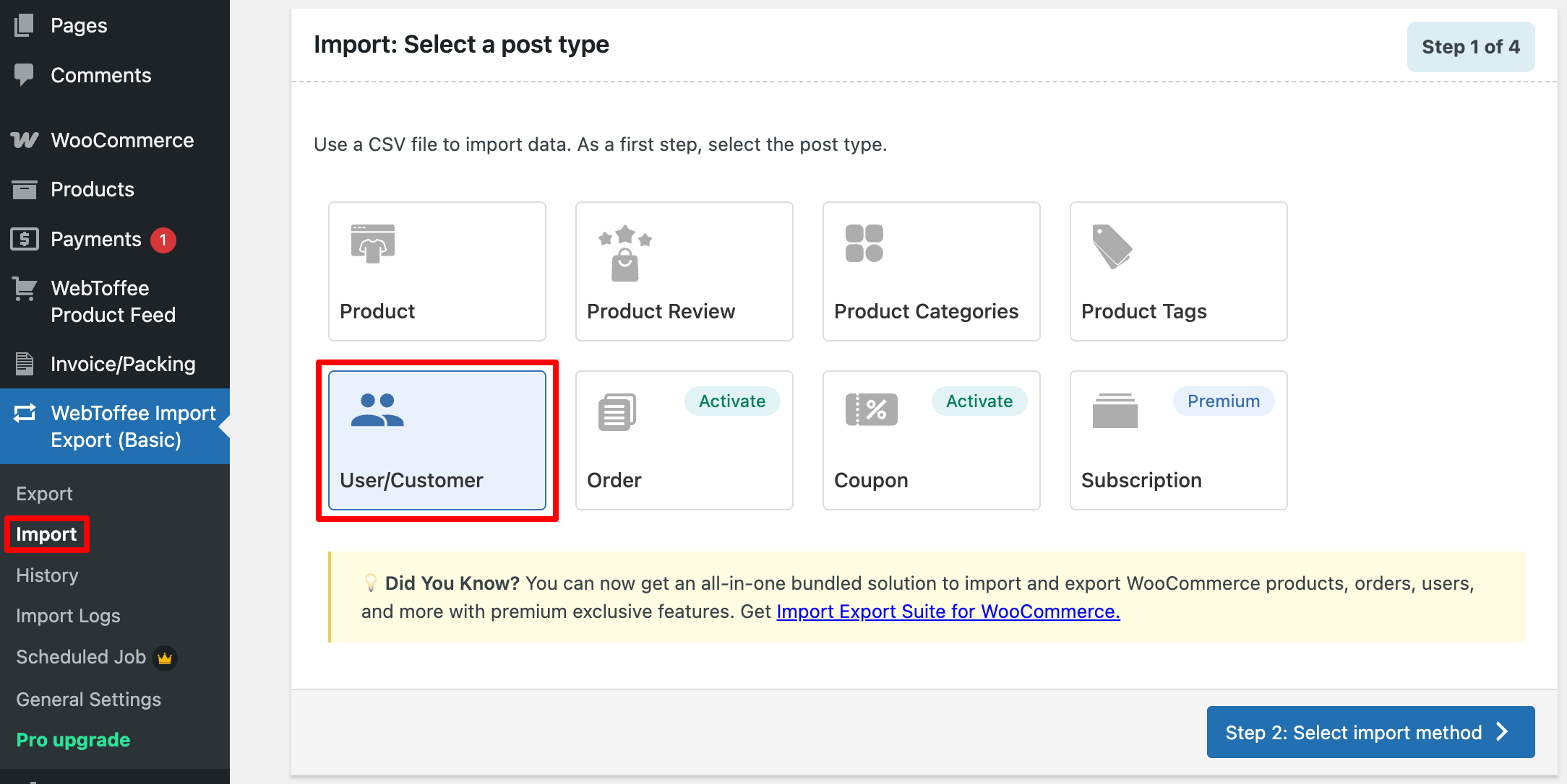 Select a post type for import