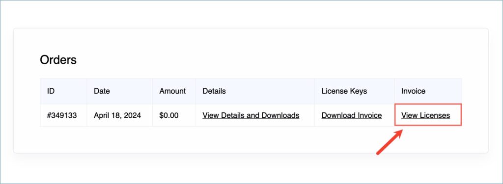 View Licenses hyperlink