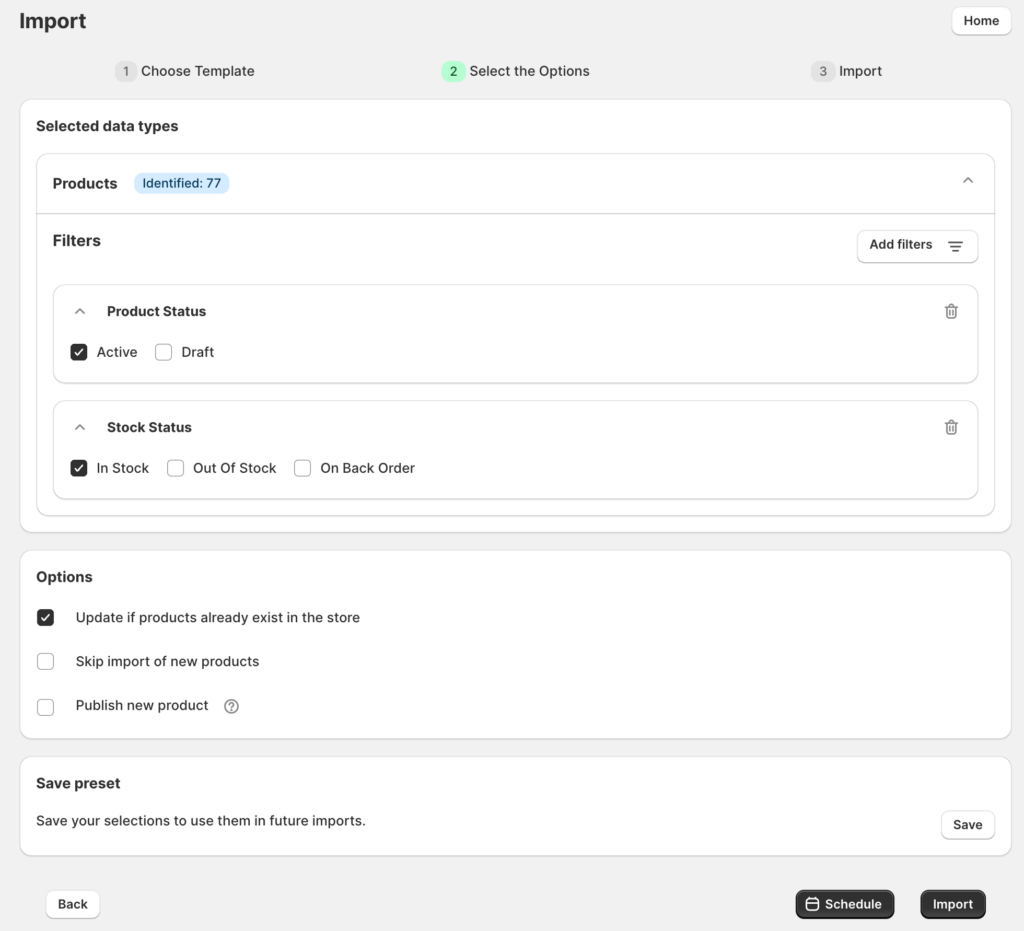 Selecting import options and filters