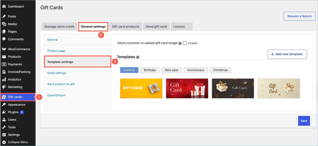 Navigation to gift cards template gallery