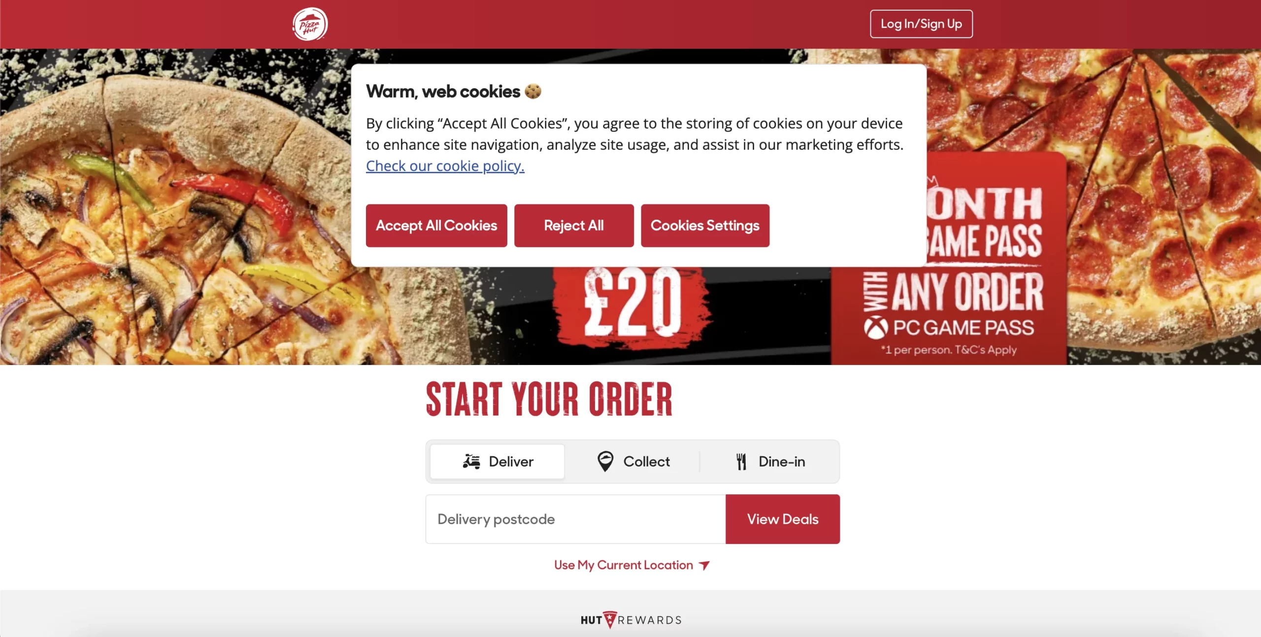 Cookie banner on Pizza Hut website
