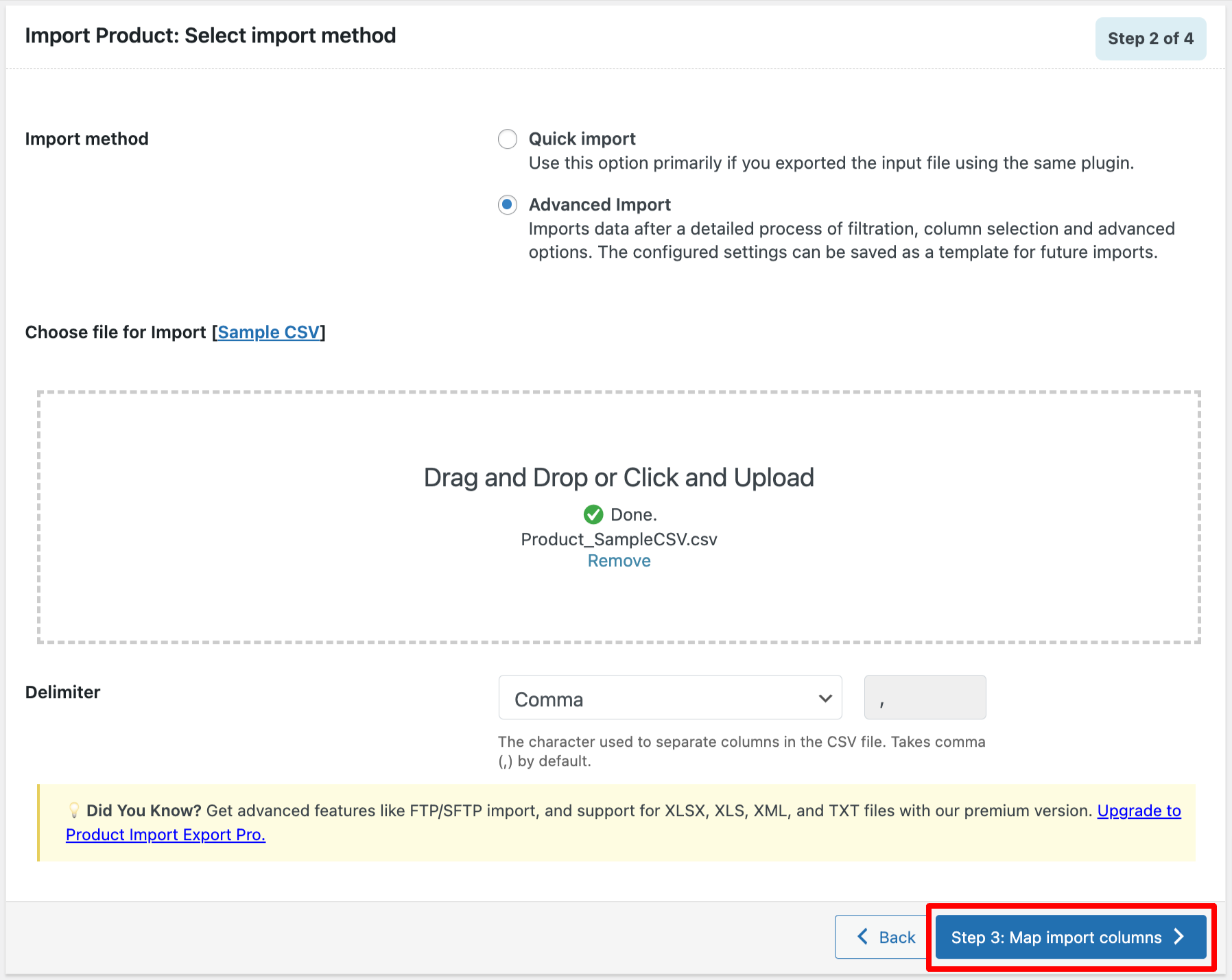 Selecting import method