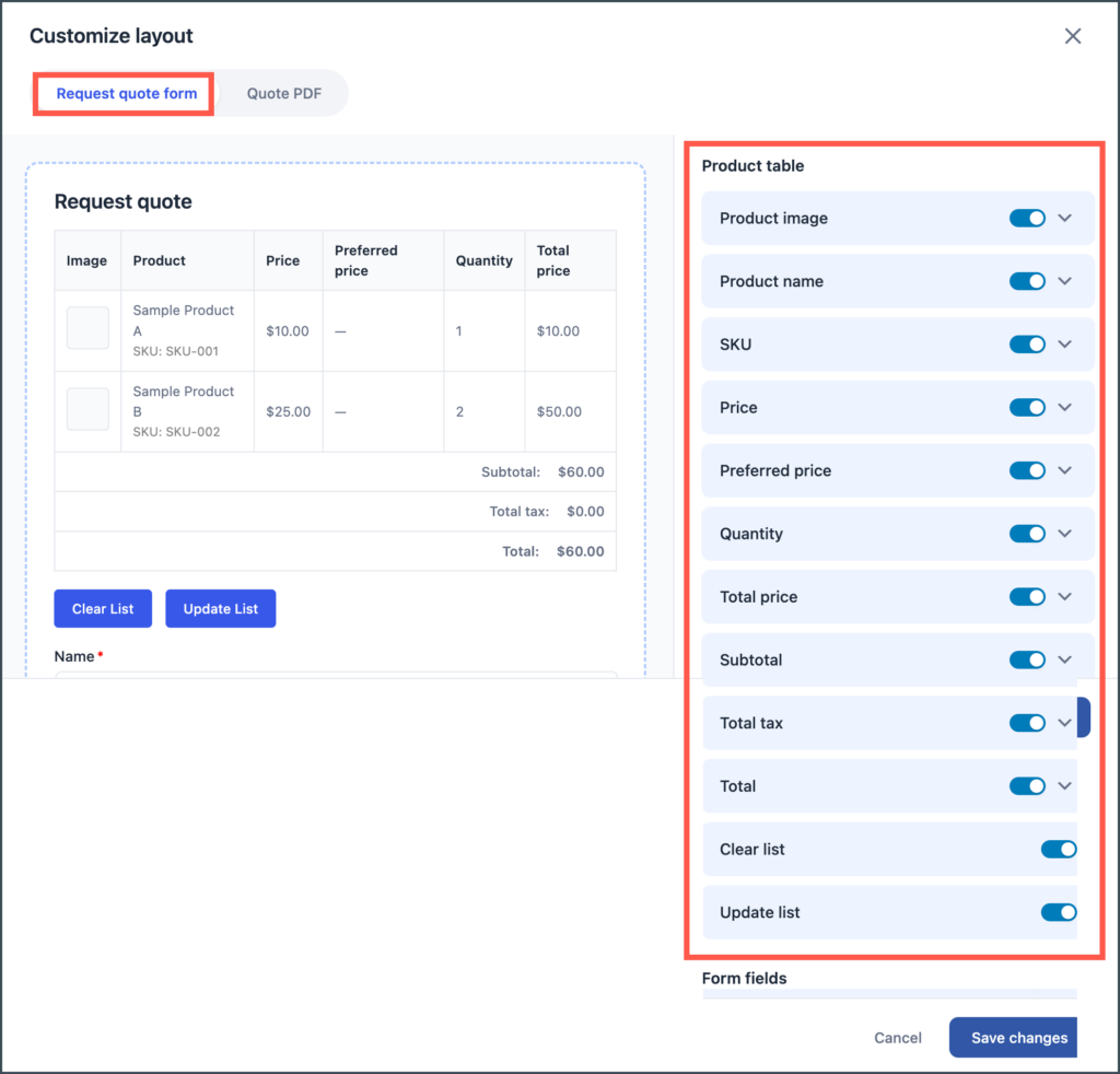 Line items to add in the product table of request a quote page