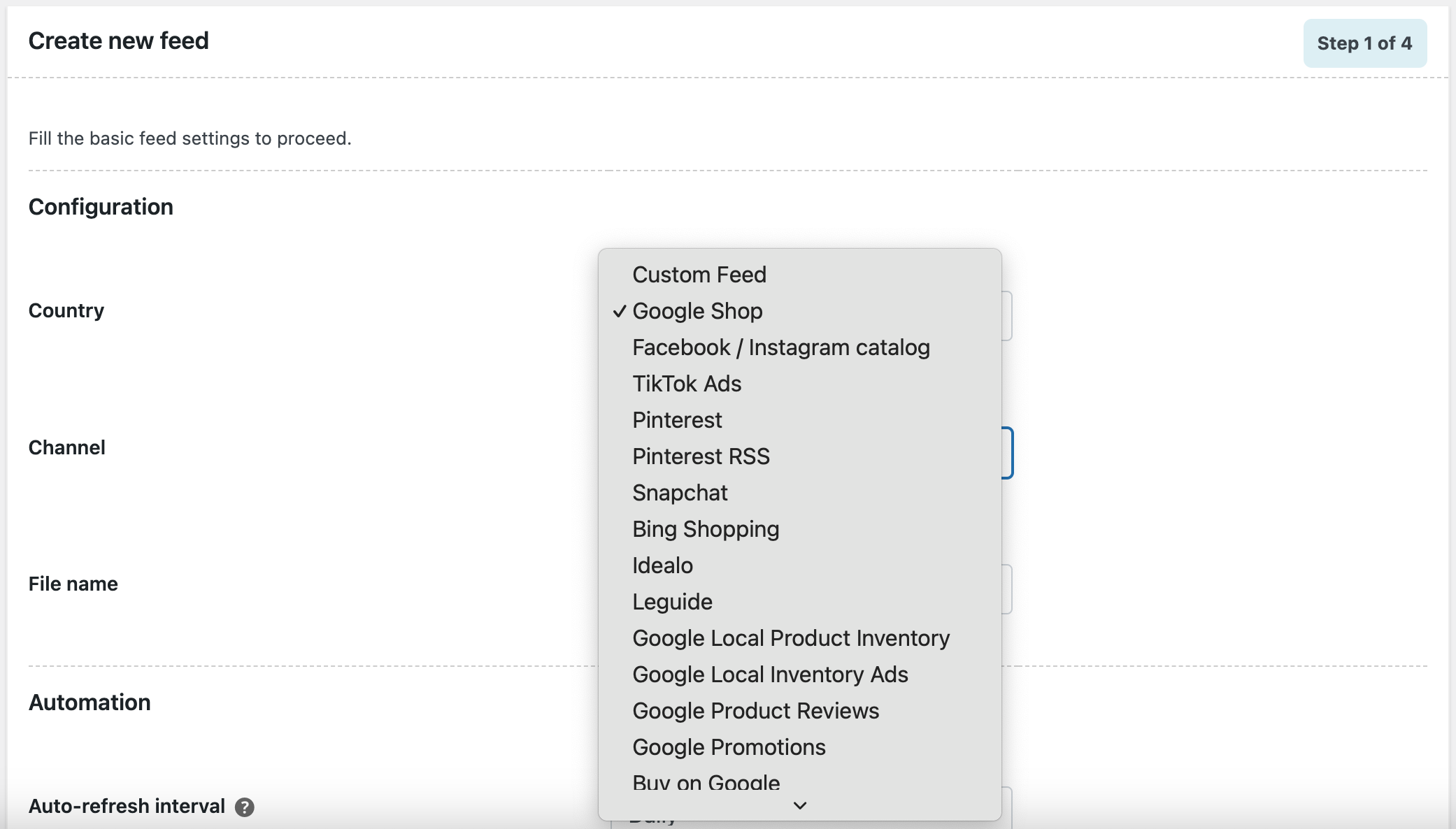 Configuring feed settings as part of product feed creation
