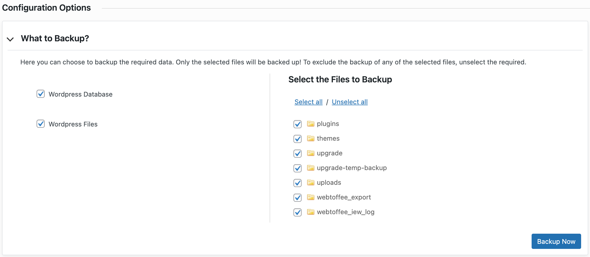 Screenshot of the plugin's backup configuration settings