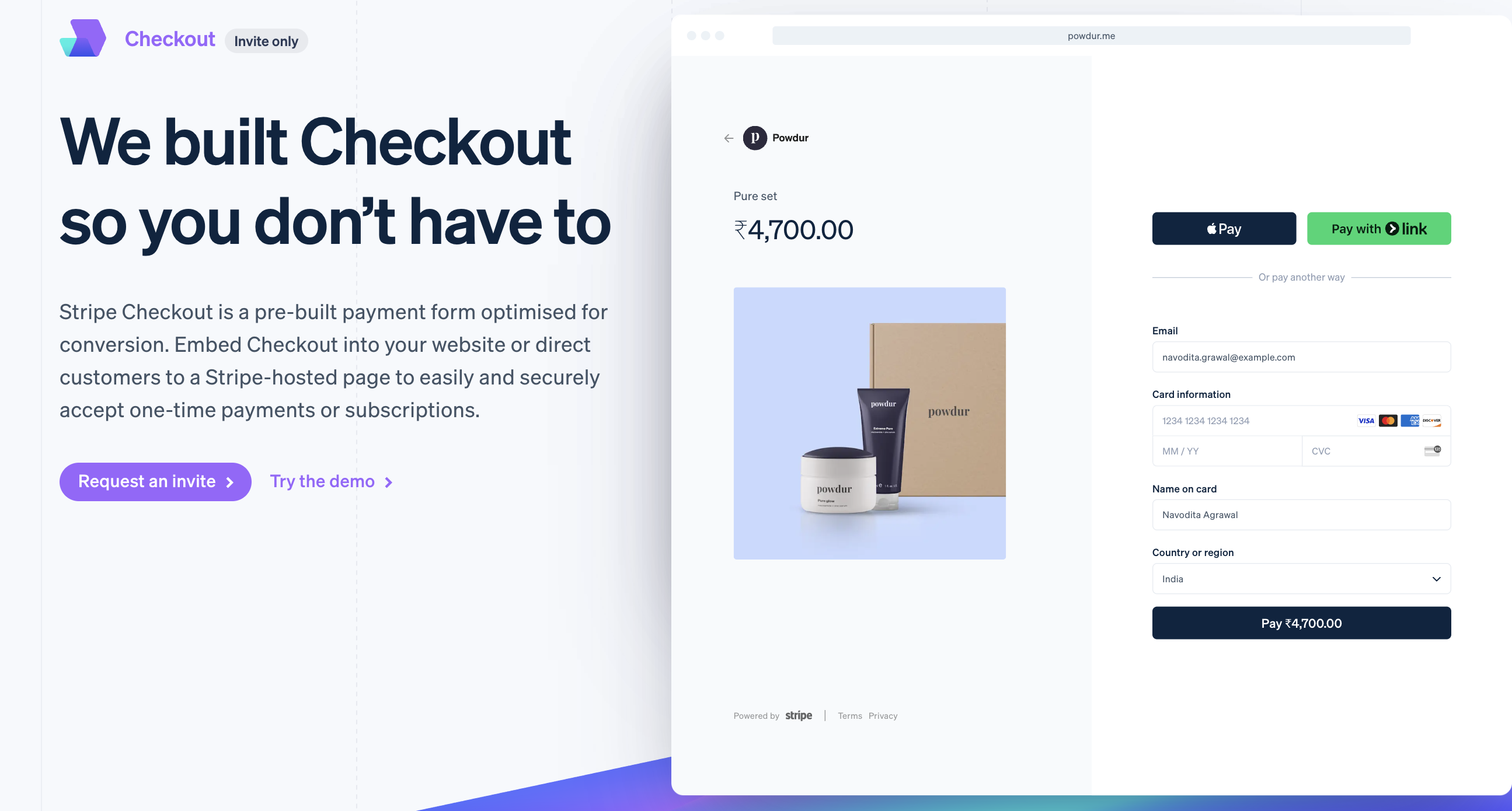 Stripe checkout in Stripe.com 