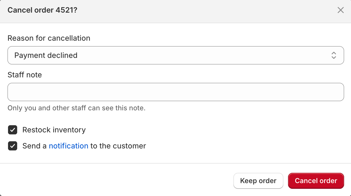Order cancel confirmation