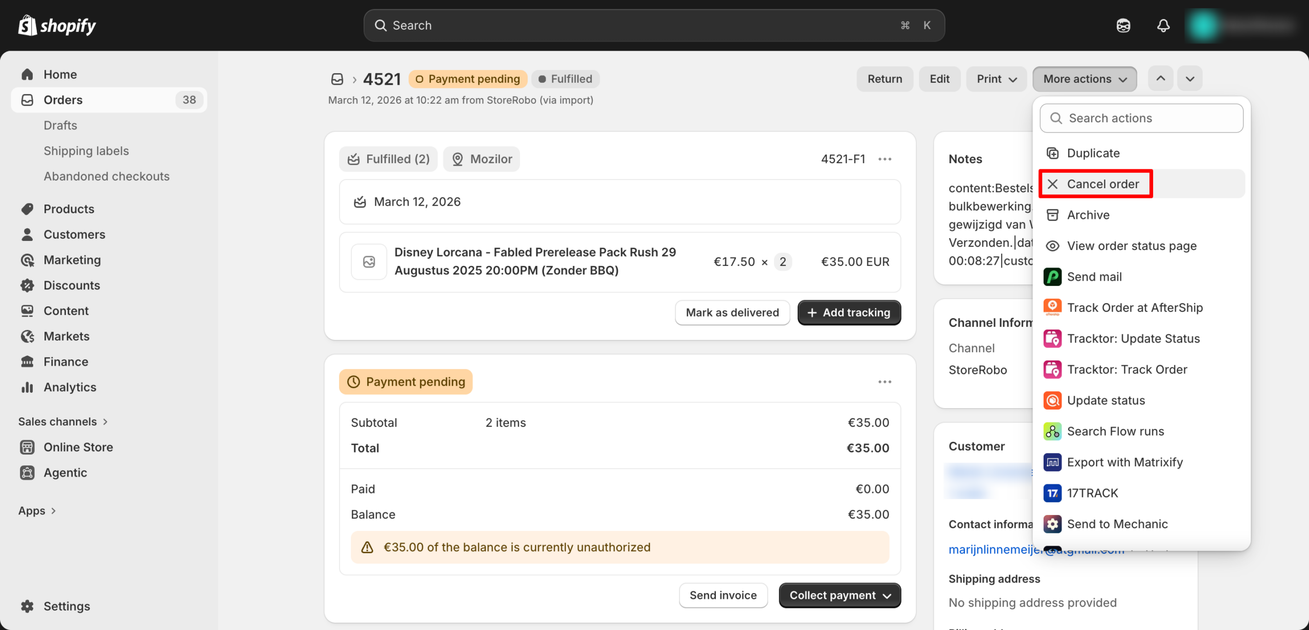 Cancel shopify order