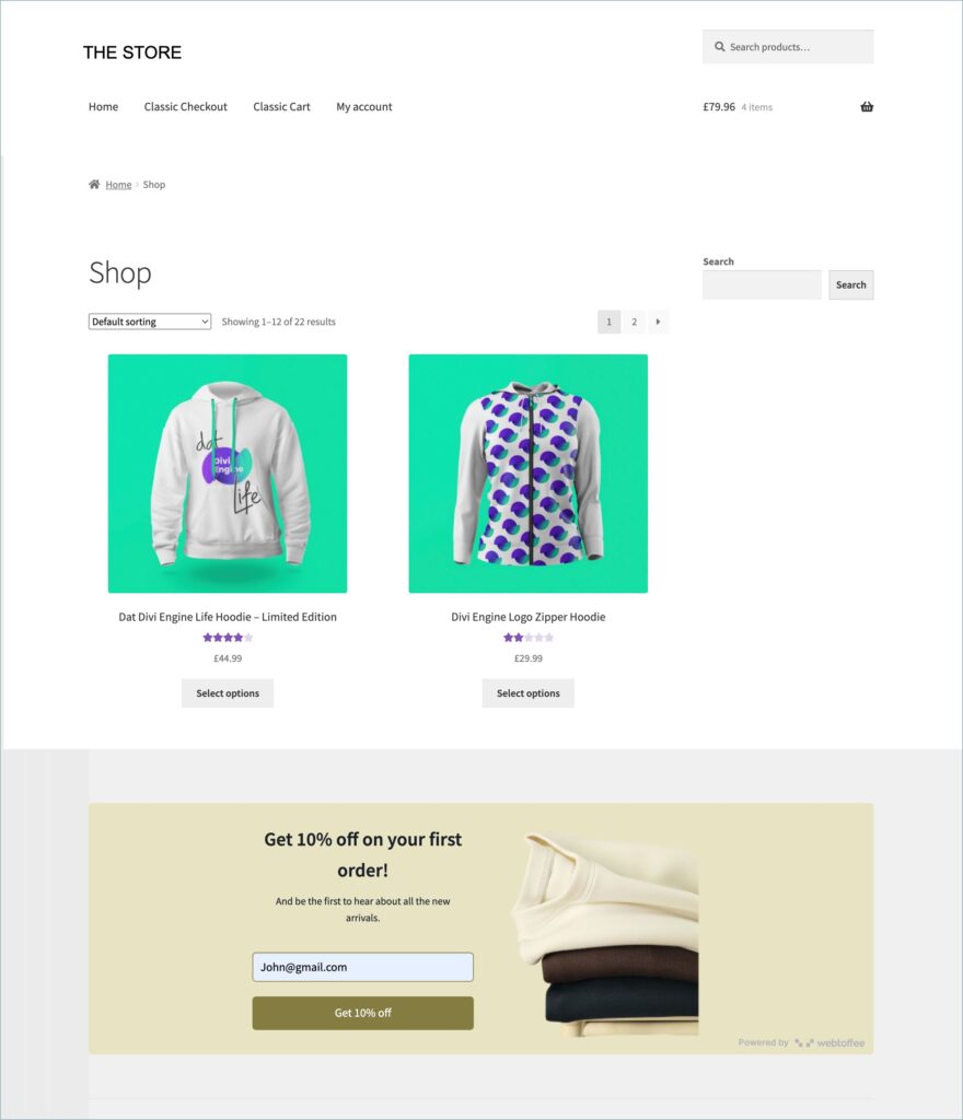 Shop page with the embedded form