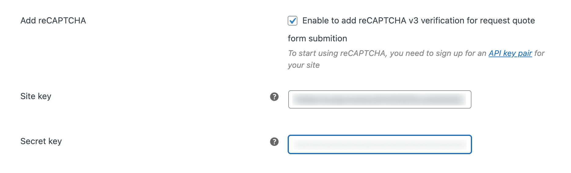 Enable reCaptcha in quote forms