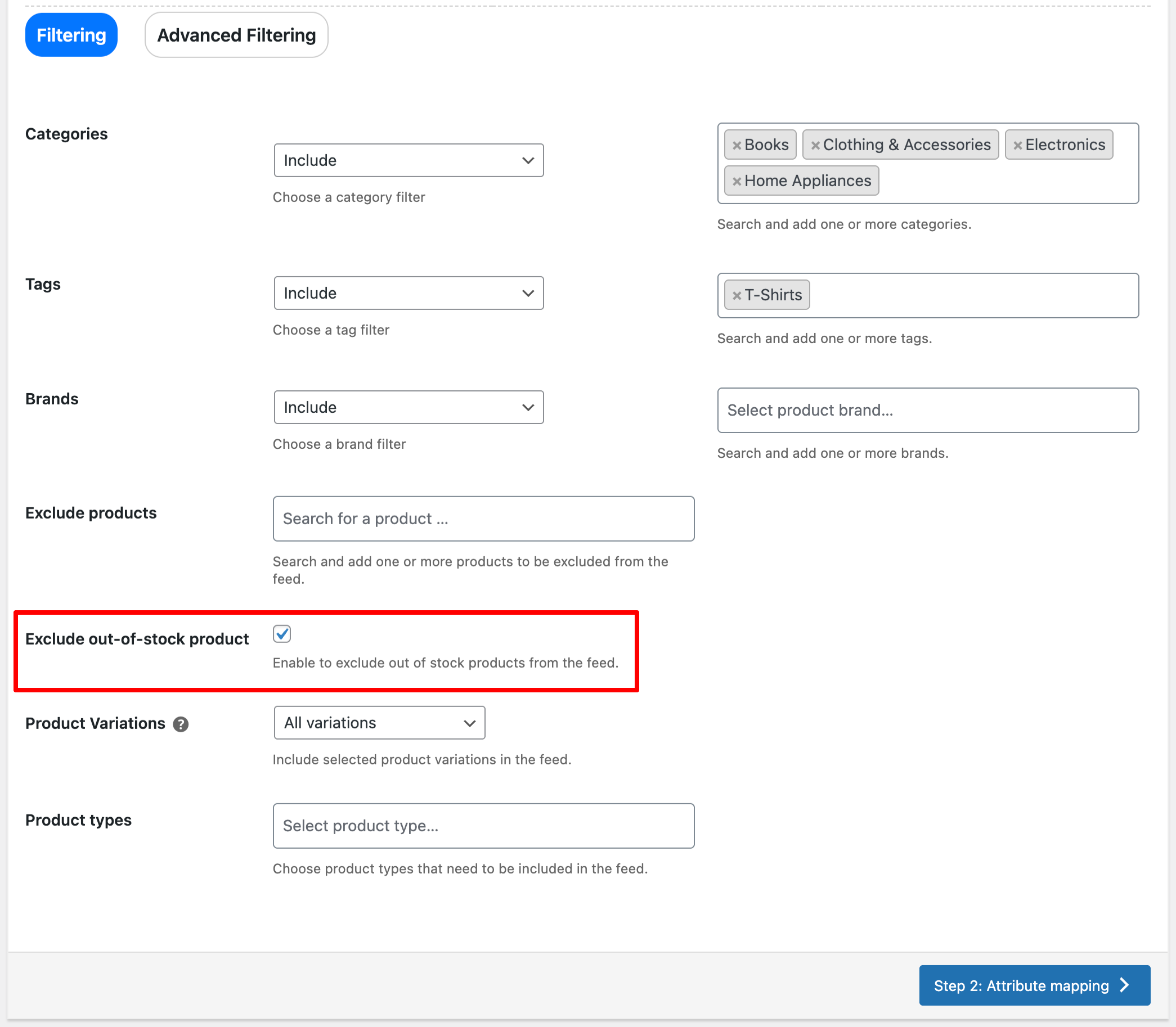 Configuring filtering options to exclude out-of-stock products