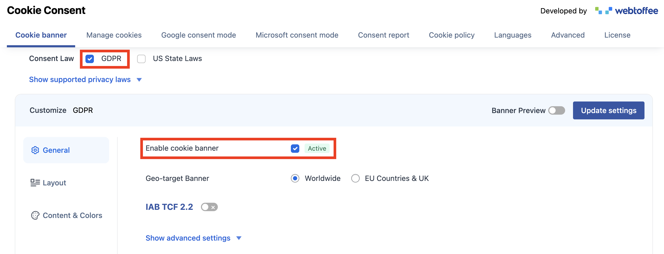 Enable GDPR Cookie banner
