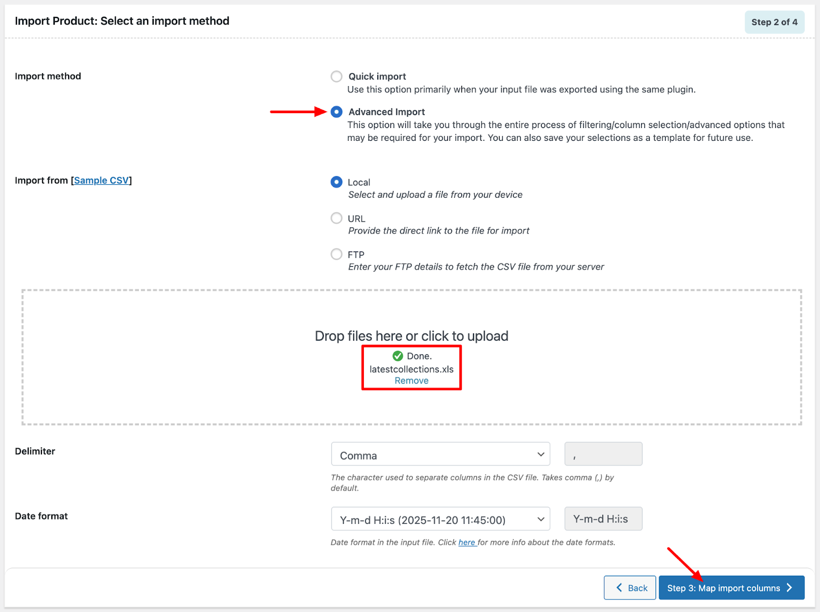 Choosing advanced import method