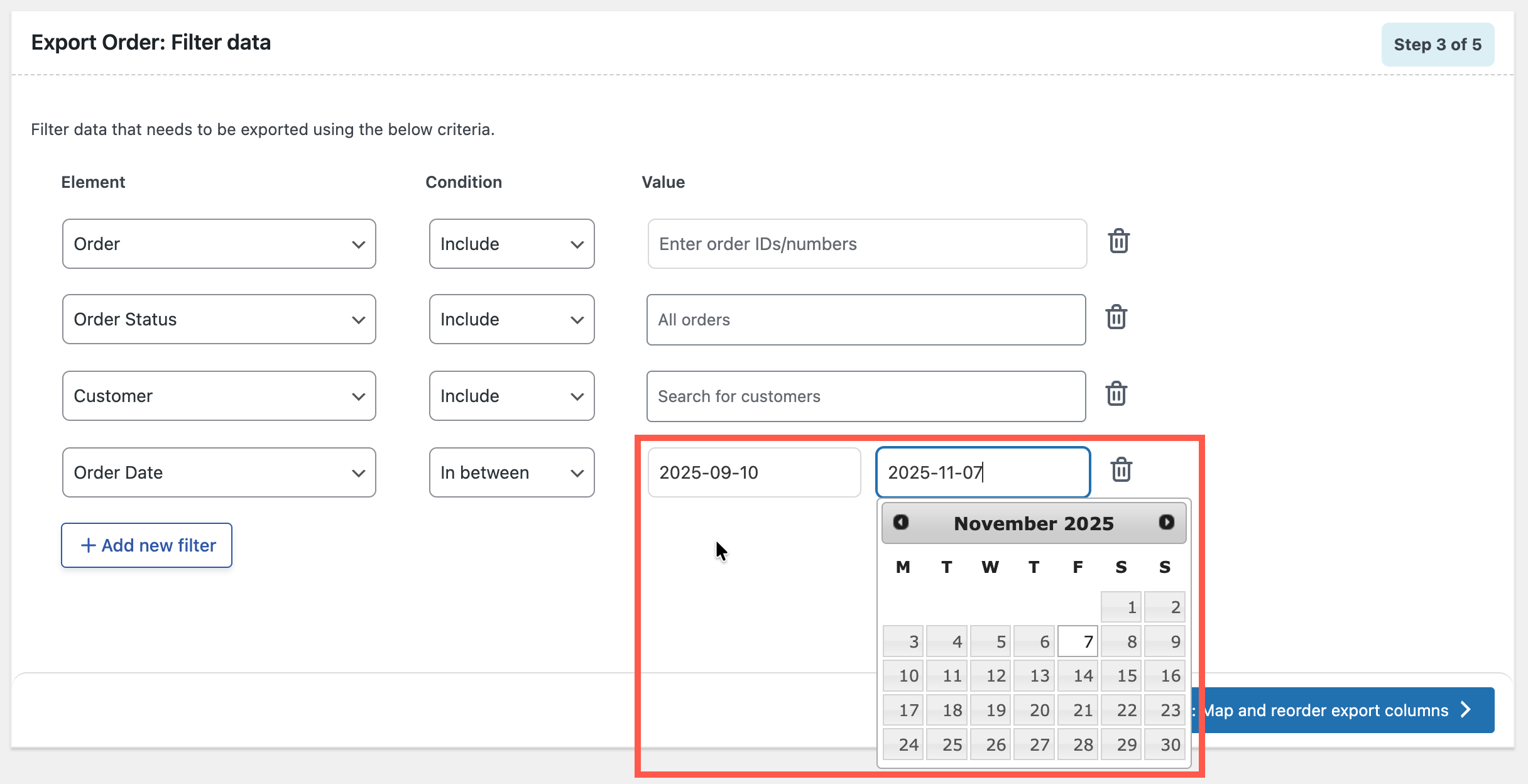 Filtering export order data based on order date
