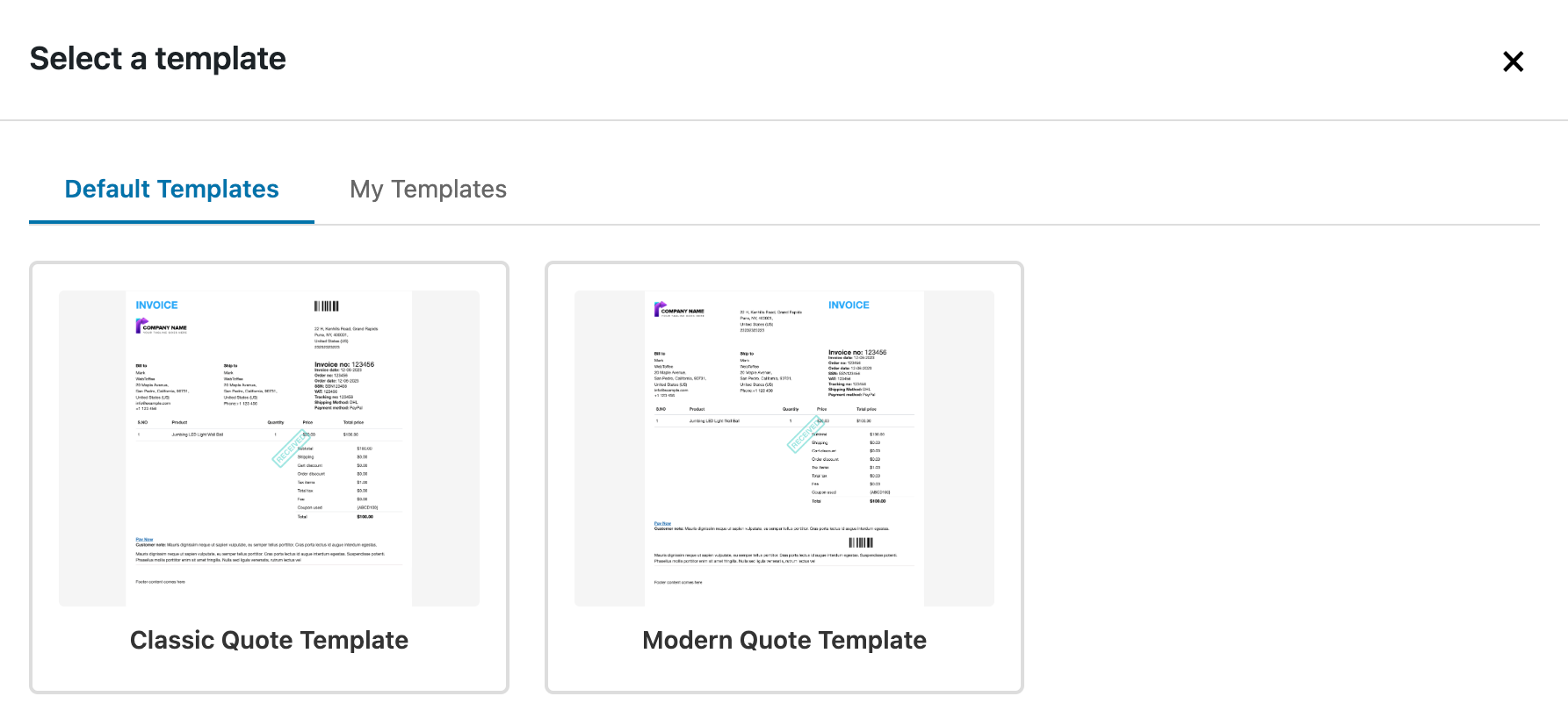 Built-in quote PDF templates