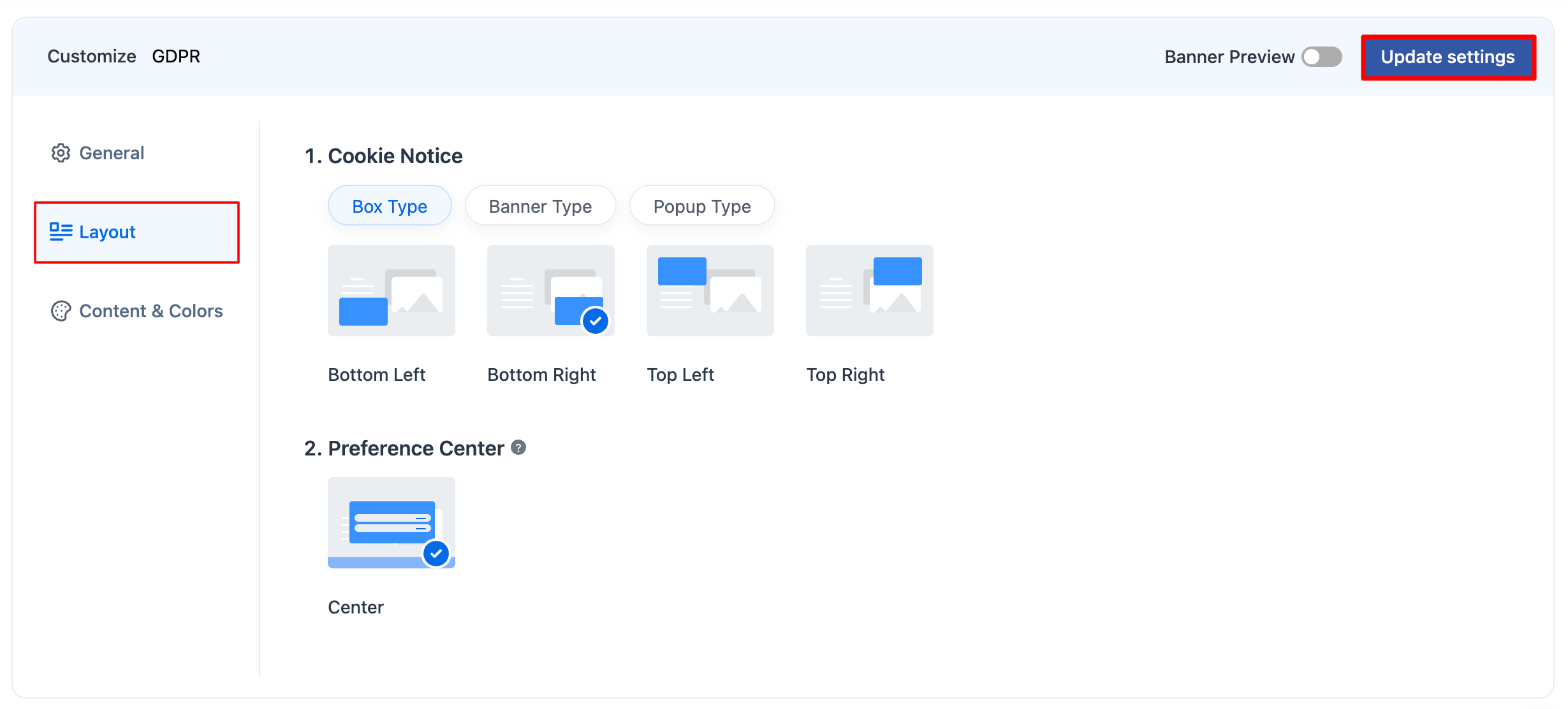 Choose cookie banner layout